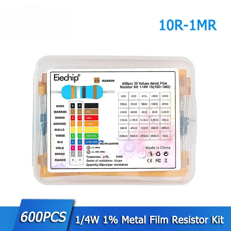 Resistor Kit 1 4W - 300/600個入り 1/4W 金属皮膜抵抗器キット 抵抗値1% 30値 10Ω～1MΩ