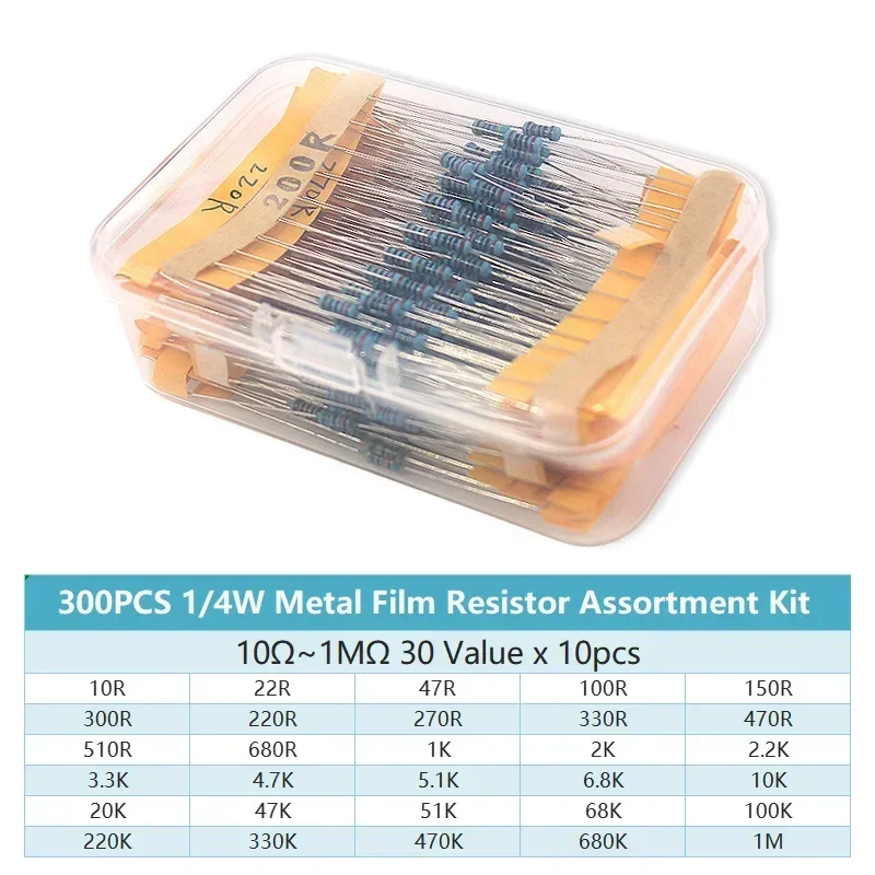 Resistor Kit 1 4W - 300/600 個 30 値 1/4 ワット金属皮膜抵抗器キットボックス付き