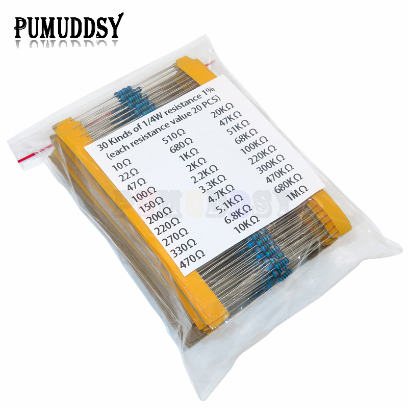 Resistor Kit 1 4W - 600 ピース/セット 30 種類 1/4 ワット抵抗