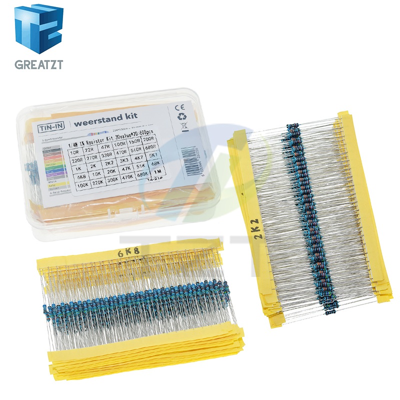 Resistor Kit 1 4W - Greatzt-各種抵抗器パッケージ,30,1 w,4w,1% 金属フィルム,1k,10k,100k,220ohm,1m抵抗器,300ピース/セット,600ピース/セット