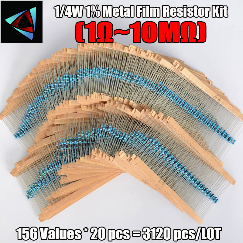 Resistor Kit 1 4W - 1/4W電力金属皮膜抵抗キット,3120値,156x10m,1% 許容性セットの品揃え,1 ohm-10mohm