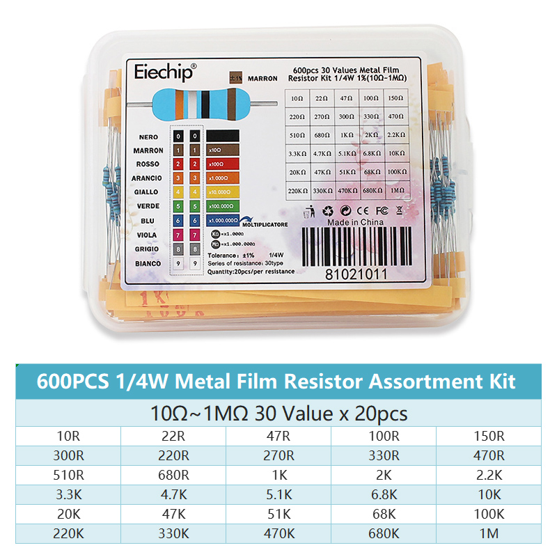 300/600個入り 1/4W 金属皮膜抵抗器キット 抵抗値 - Resistor Kit 1 4W のレビューと価格