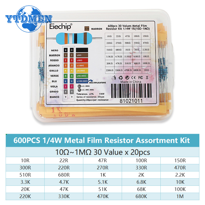 金属皮膜抵抗キット,1/4w,10オーム〜1m,1 r-10 - Resistor Kit 1 4W のレビューと価格